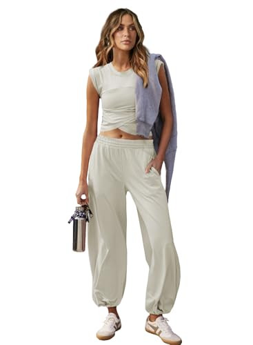 Outfeel Women 2 Piece Outfit Set Loungewear Cropped Tops and Jogger Sweatpant Matching Set Coordinated Sweatsuit with Pockets Gray Large | Amazon (US)