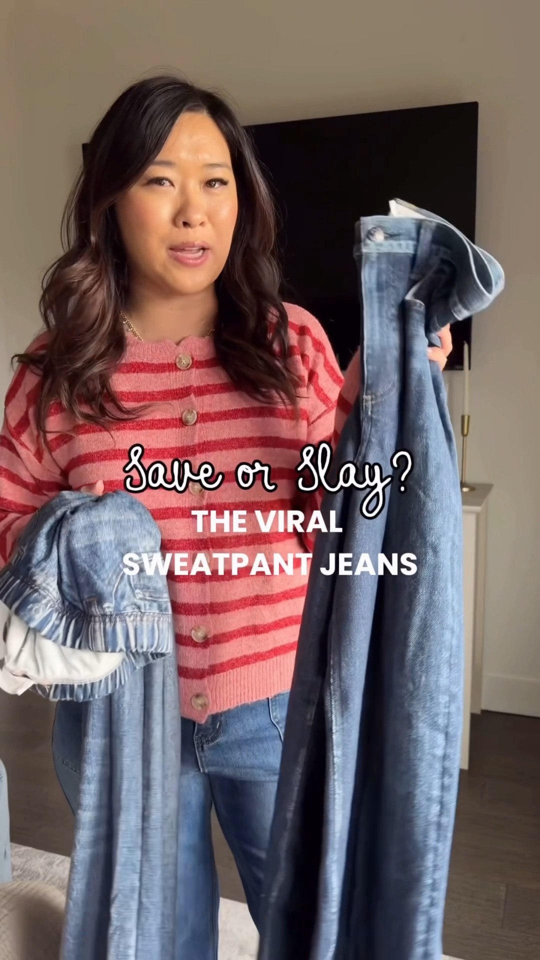 Trying the viral Rag & Bone sweatpant jeans so you don’t have to! I am 5’4” w more petite legs and these are the Miramar Sofie Ankle length denim (which is like full length on me). I did size down to a 28 and I heard they actually do shrink in the wash so then they may be true ankle length on me but I will report back! 

Wearing Medium in the Amazon sweatpant jean and the striped cardigan.