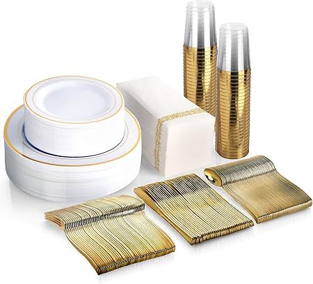 350 Piece MCIRCO Gold Dinnerware Set - 100 Gold Rim Plastic Plates - 50 Gold Plastic Silverware -... | Amazon (US)