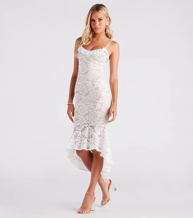 Romance Alert Lace Ruffle High-Low Midi Dress | Windsor Stores
