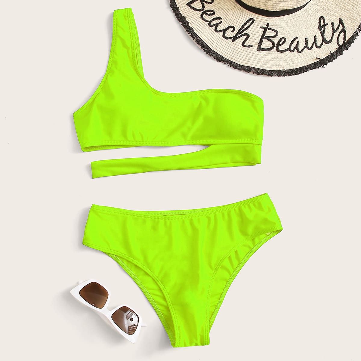 Neon Lime Cut-out One Shoulder Bikini Swimsuit | SHEIN