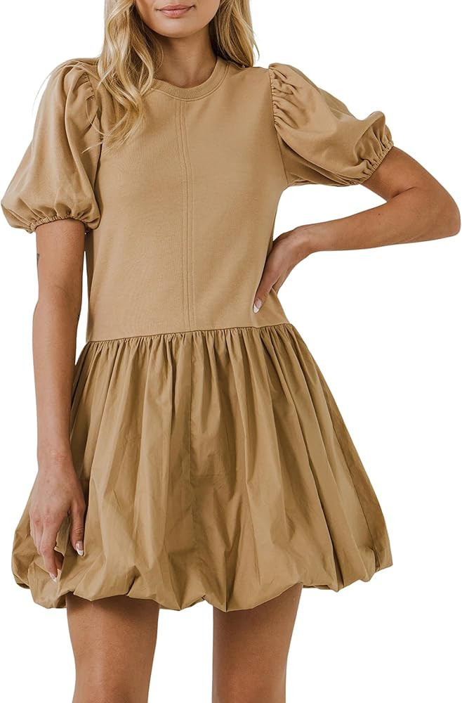 English Factory Women's Mix Media Balloon Mini Dress, Tan, XS | Amazon (US)