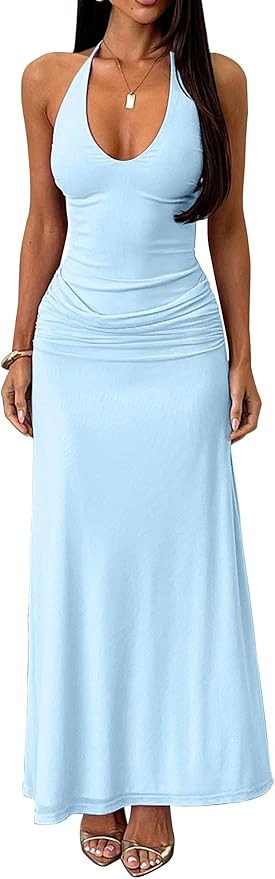 Kaximil Women's Sexy V Neck Halter Maxi Dresses Bodycon Cocktail Wedding Guest Long Dress | Amazon (US)
