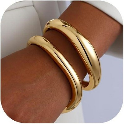 Trendy Hinged Cuff Open Wide Chunky Gold Bracelet Stack - 2pcs Set for Women A-Gold Bangle one size | Target
