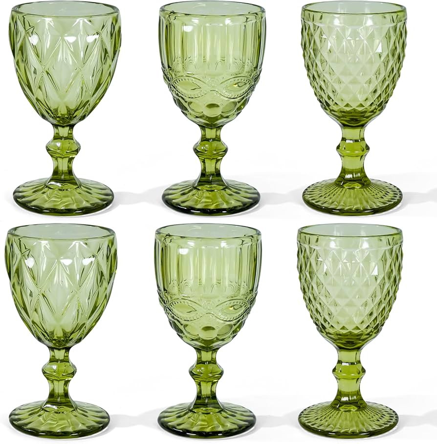 Vintage Wine Glasses Set of 6, 12 OZ Colored Glass Water Goblets, Embossed Floral Decorative Crys... | Amazon (US)
