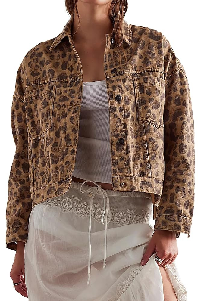 D-Sun Women Casual Denim Jacket Oversized Leopard Stars Printed Boyfriend Vintage Jean Jacket Coa... | Amazon (US)
