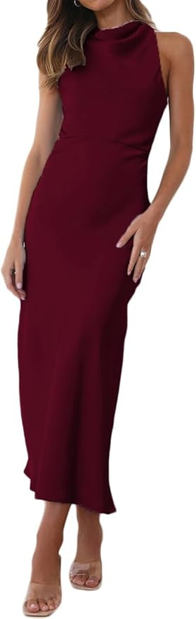 Halfisland Satin High Neck Backless Sleeveless Midi Dresses for Women Elegant Mock Neck High Wais... | Amazon (US)