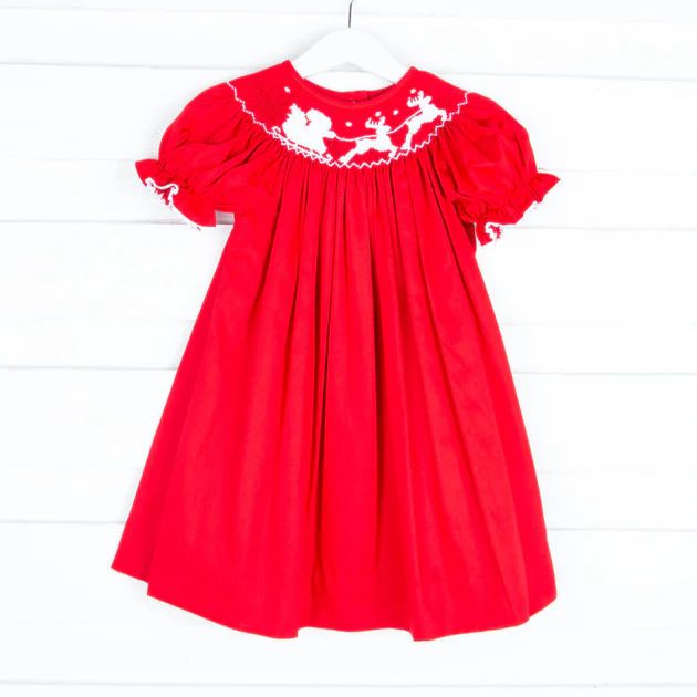 Smocked Santa's Sleigh Solid Red Bishop Dress | Classic Whimsy