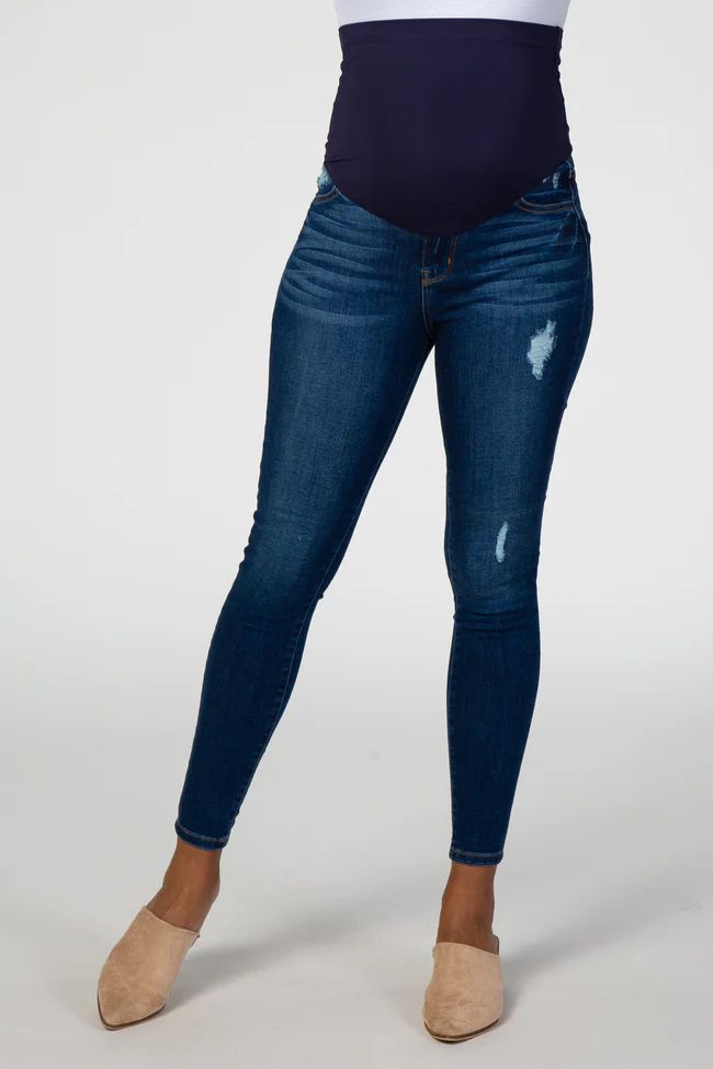 Navy Blue Lightly Distressed Skinny Fit Maternity Jeans | PinkBlush Maternity