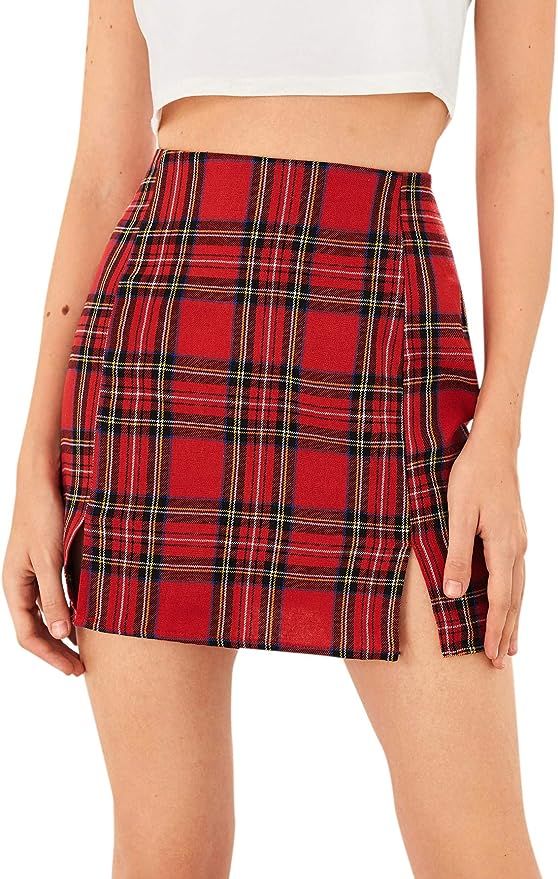 WDIRARA Women's Plaid Skirt High Waist Split Front Zip Up Mini Bodycon Skirt | Amazon (US)