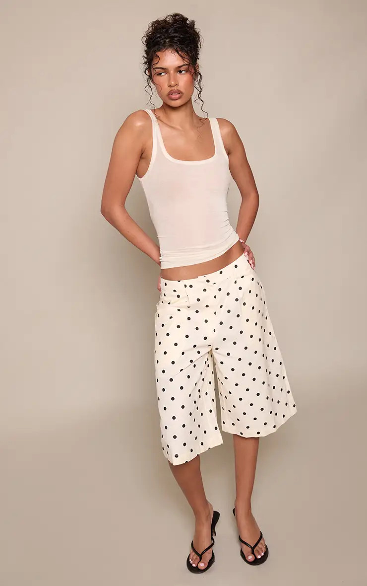 Cream PrettyLittleThing Polka Dot Linen Tailored Jorts | Boohoo USA | boohoo (US & Canada)
