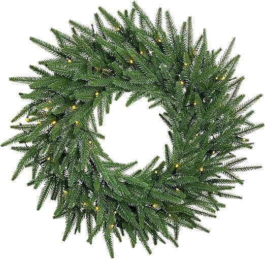 UOROMI 24 inches Green Wreath with Warm White LED Lights for Front Door, Norfolk Pine Wreath for ... | Amazon (US)