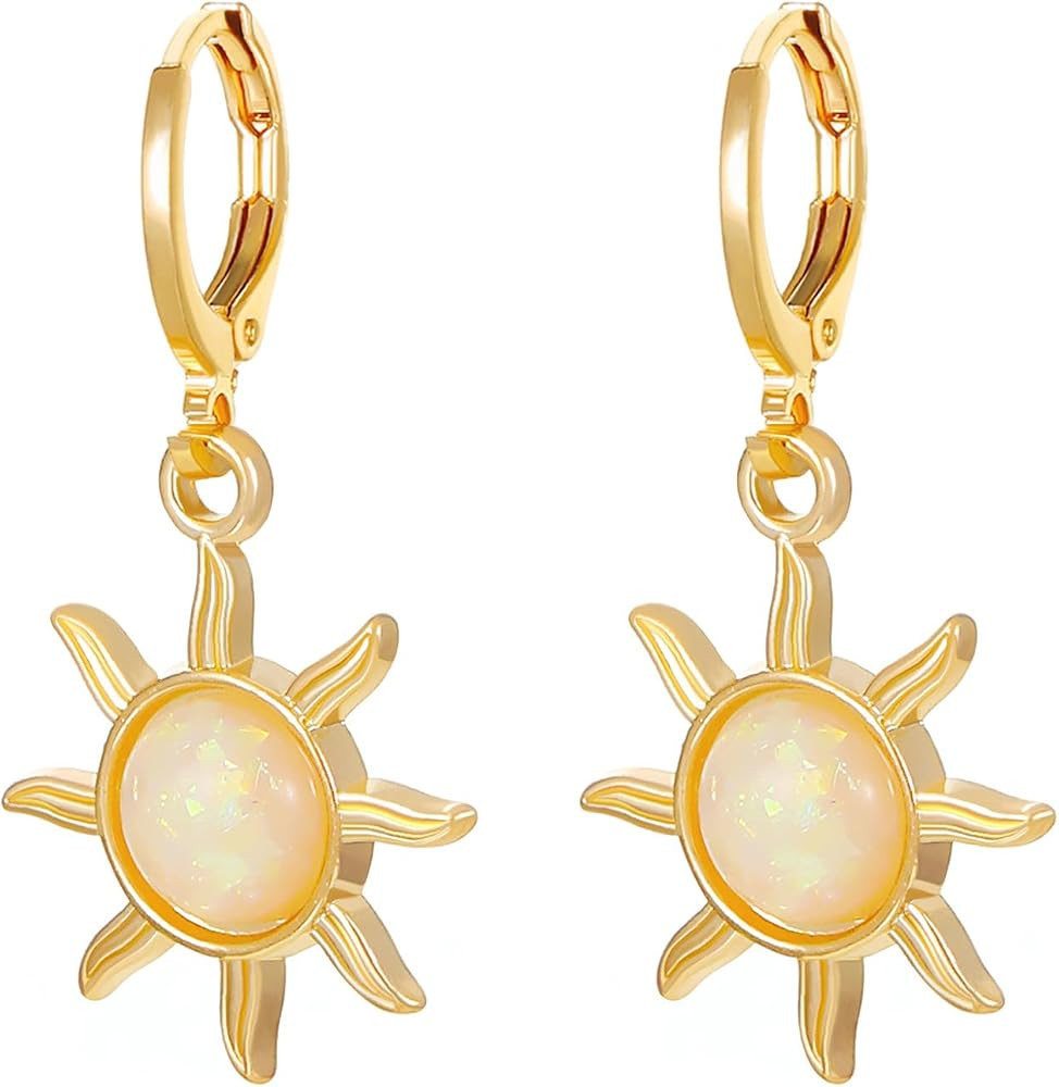 Opal Sun Hoop Earrings Gold Silver Plated Vintage Unique Sunflower Flower Sunburst Celestial Ligh... | Amazon (US)