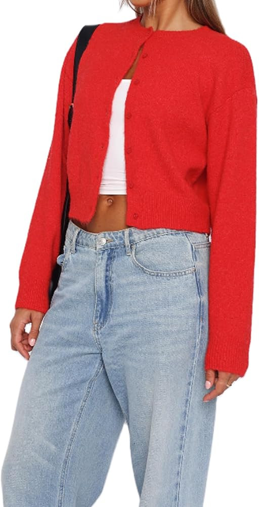 Womens Y2K Cardigan Sweaters Long Sleeve Open Front Button Down Crop Sweater Solid Knit Pullover ... | Amazon (US)