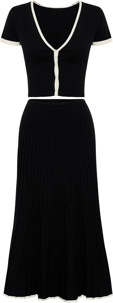 Tanming Women's Two Piece Skirt Set Casual Short Sleeve Crop Top Ribbed Knit Midi Pleated Skirt | Amazon (US)