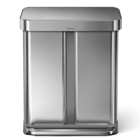 simplehuman 58 Liter / 15.3 Gallon Stainless Steel Rectangular Kitchen Step Can Dual Compartment Recycler, Brushed Stainless Steel | Walmart (US)