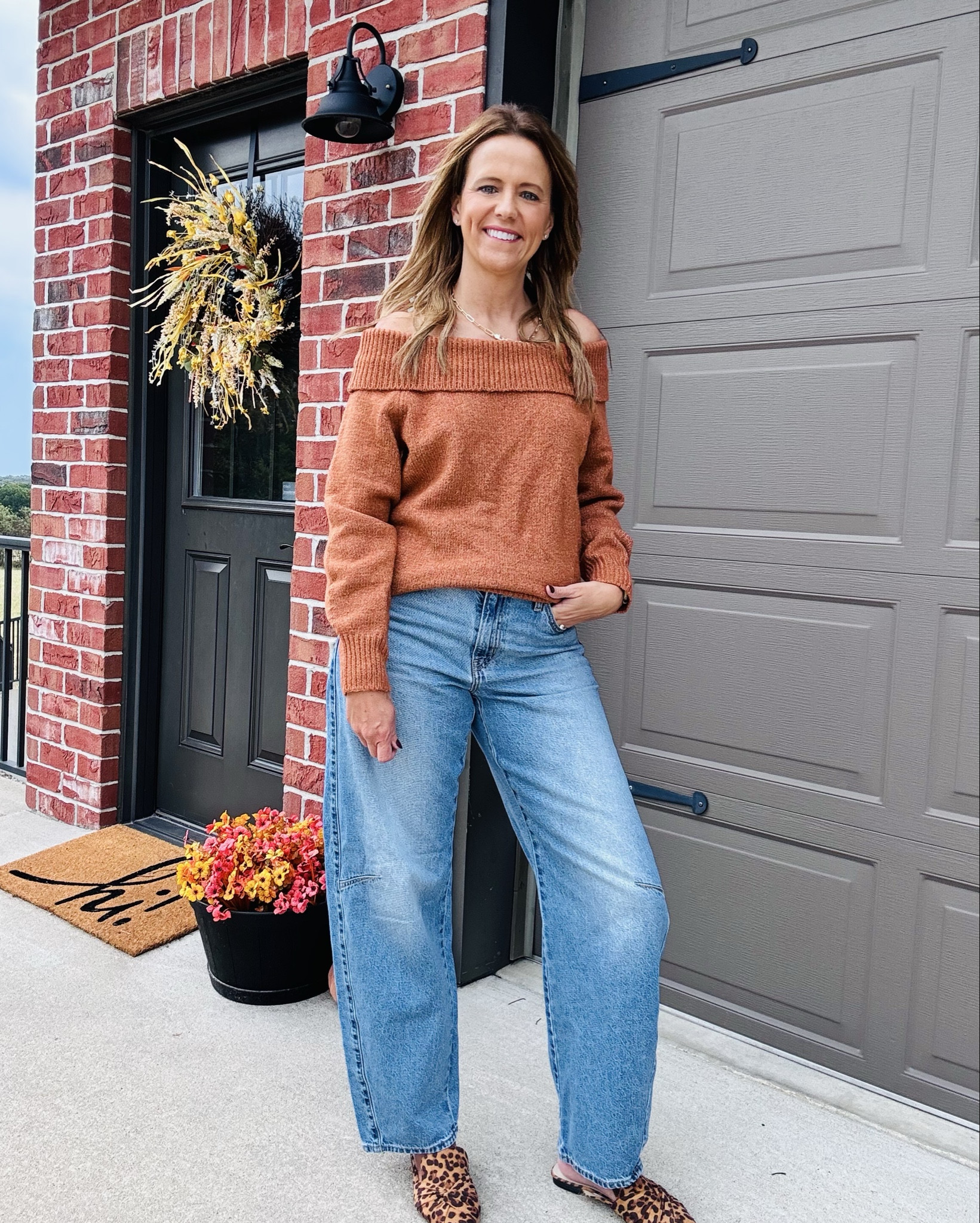 Fall style made easy 🍂✨ Loving this off-the-shoulder rust sweater paired with relaxed wide-leg denim for the perfect casual yet chic vibe. The cozy knit brings all the autumn feels while the leopard mules add just the right pop of fun 🐆. 

Shop the look 🤎👇
#FallFashion #LTKfall #LTKstyle #CozyChic #LTKunder50 #CasualStyle

#LTKFindsUnder50 #LTKOver40 #LTKStyleTip