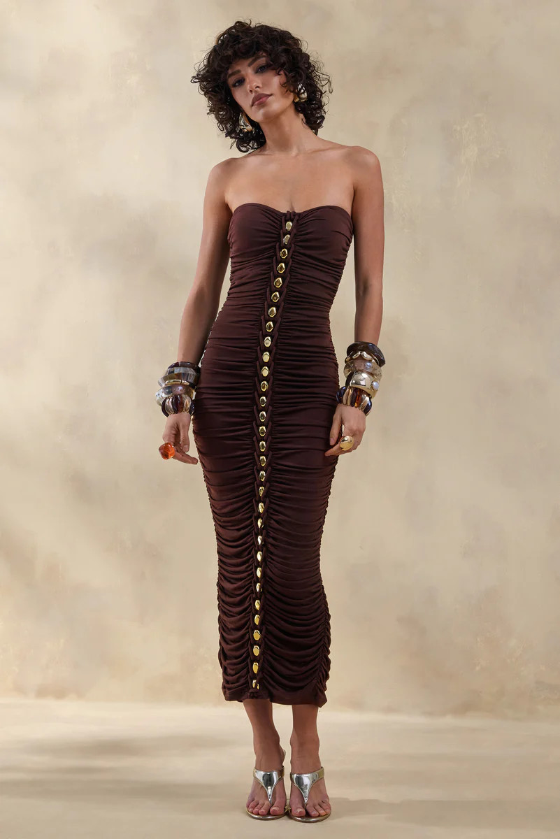 Spontaneity  Brown Bandeau Ruched Midi Dress | Club L London