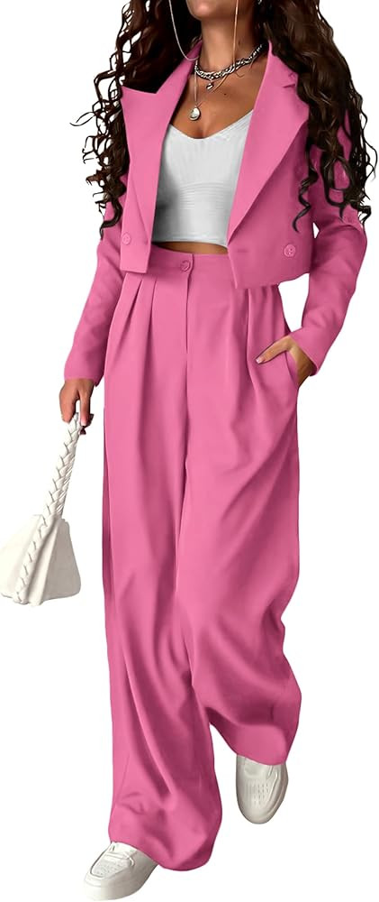 PRETTYGARDEN Women's 2 Piece Casual Outfits Cropped Blazer Jackets High Waisted Wide Leg Work Pan... | Amazon (US)