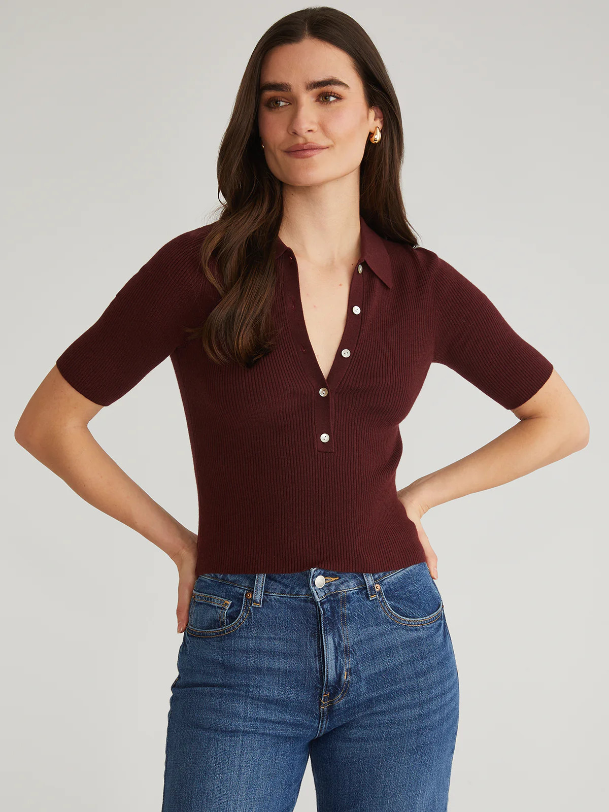 Ginny: Short Sleeve Johnny Collar Top | 525 America