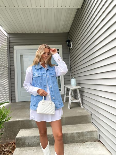 I love this simple outfit! 
White shirt dress, denim vest, oversized vest, summer dress, western outfit, white cowgirl boots, white cowboy boots, concert outfit idea 

#LTKstyletip