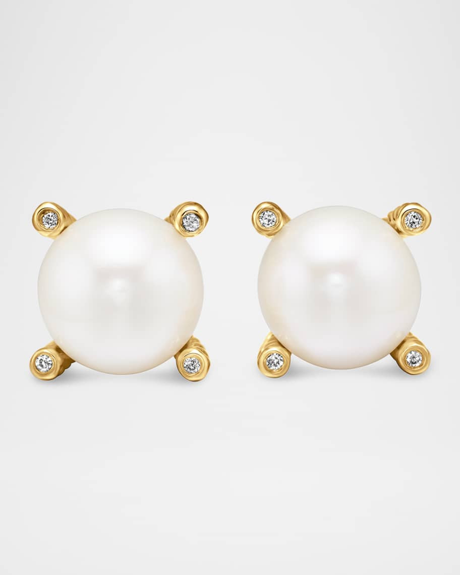 David Yurman Pearl Stud Earrings with Diamonds in 18K Gold, 14mm | Neiman Marcus