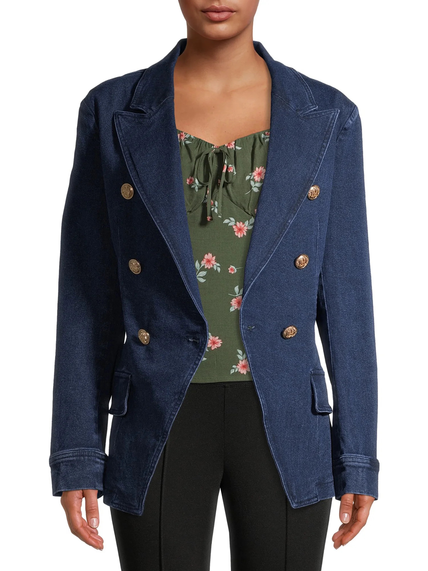 Attitude Unknown Women's Denim Gold Button Military Blazer - Walmart.com | Walmart (US)