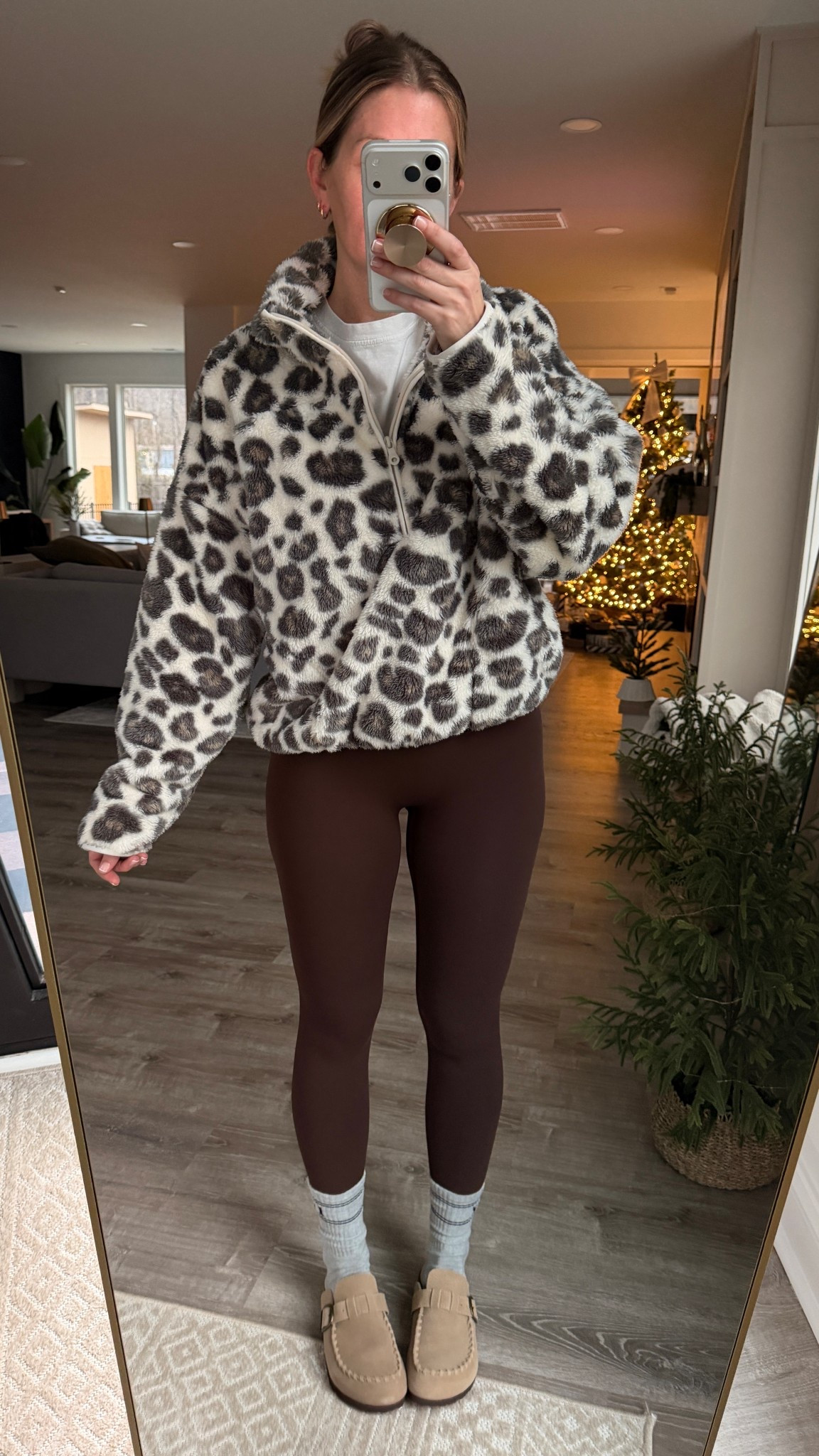 Happy Sunday! Living for cozy outfits right now. Wearing a small in the plush leopard print zip up crop sweater from aerie, small in the no front seam brown leggings and loving these cute loafer slides from Amazon that look just like Birkenstocks (size up) 

#LTKGiftGuide #LTKHoliday #LTKfitnessgoals