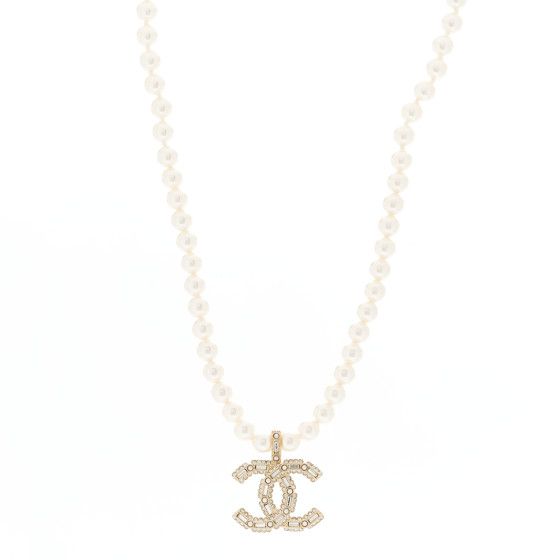 Pearl Crystal Baguette CC Short Necklace Gold | FASHIONPHILE (US)