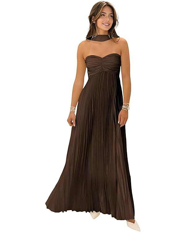 Women Bridesmaid Dress with Scarf Strapless Pleated Satin Flowy Formal Evening Gown Maxi Dresses | Amazon (US)