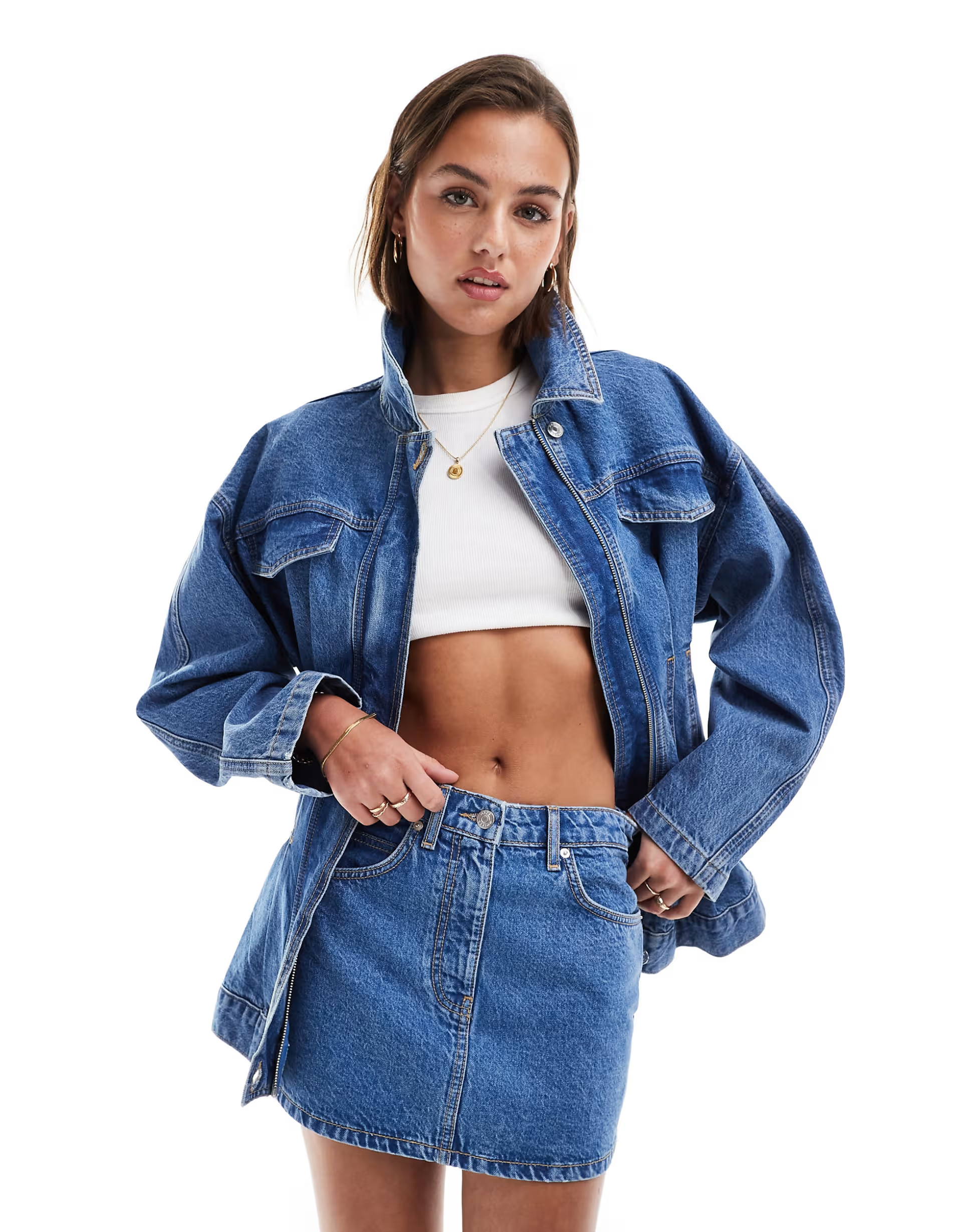 ASOS DESIGN premium denim jacket with waist seams in midwash blue co-ord | ASOS (Global)