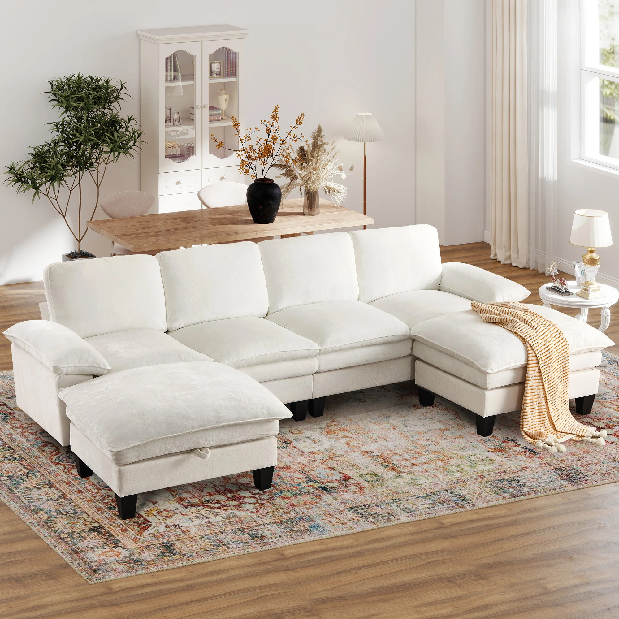 Elanora 122"W Spacious Sectional Sofa With Dual-Layer Cushions & Ottomans | Wayfair North America
