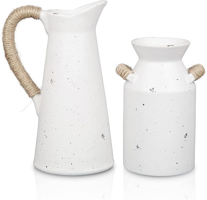TERESA'S COLLECTIONS White Vase with Handle, Ceramic Vase for Distressed Farmhouse Décor, Boho V... | Amazon (US)