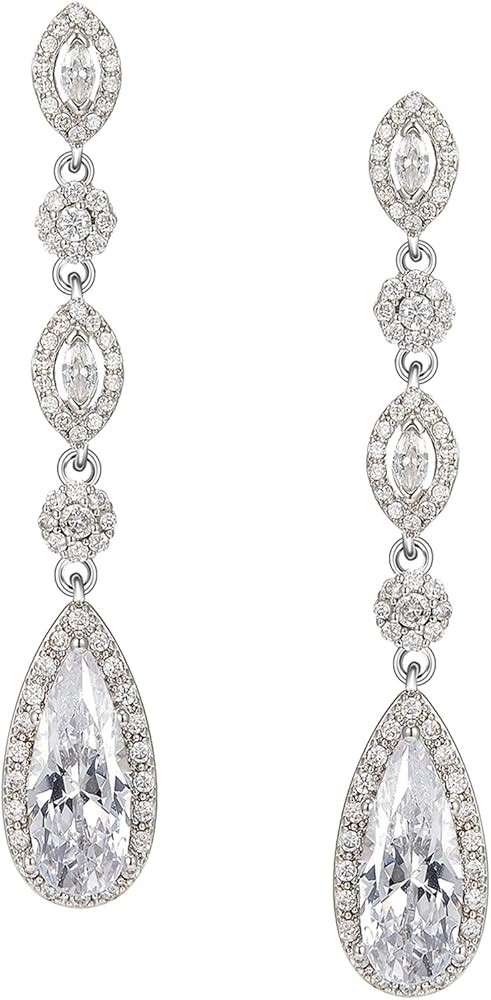 SWEETV Long Pear-Shaped Rose Gold Wedding Birdal Earrings for Brides, Bridesmaids, Crystal Chande... | Amazon (US)