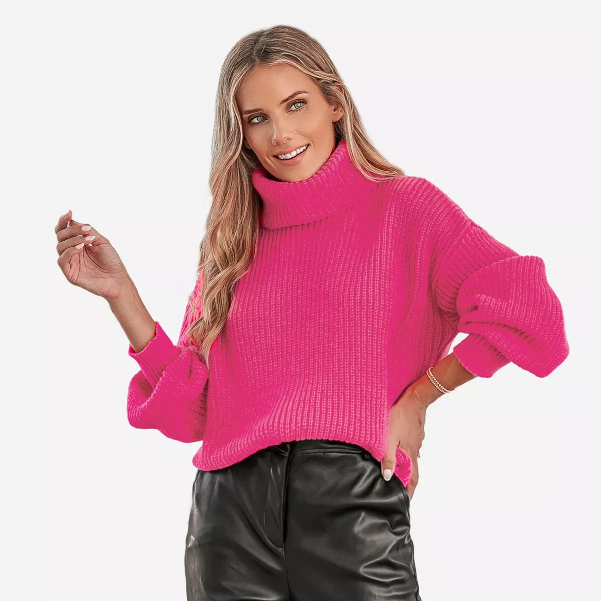 Women's Chunky Knit Turtleneck Long Sleeve Sweater - Cupshe-L-Hot Pink | Target