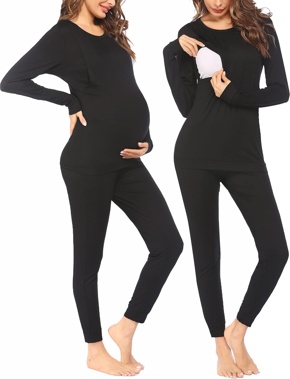 Ekouaer Maternity & Nursing Thermal Underwear Set Striped Knit Long Johns Set Top & Bottom Base L... | Amazon (US)