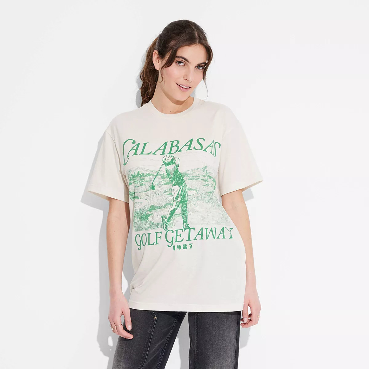 Women's Calabasas Golf Club Oversized Short Sleeve Graphic T-Shirt - Beige XS | Target