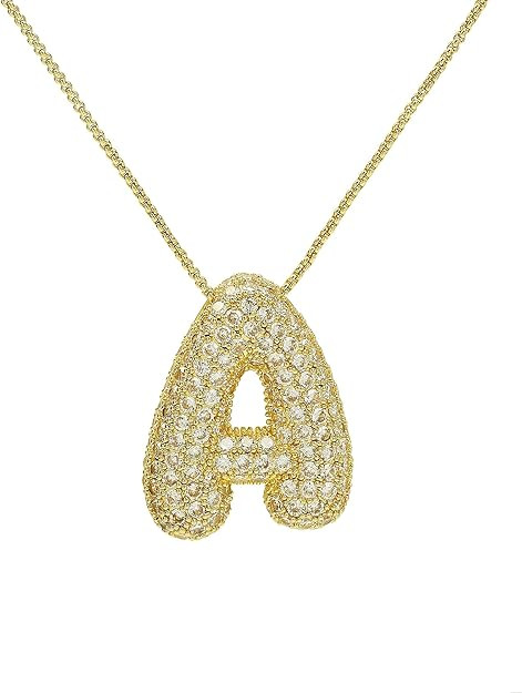 Bubble Letter Necklace Gold for Women，Charm Balloon Initial Letter Pendant Zirconia Inlaid Neck... | Amazon (US)