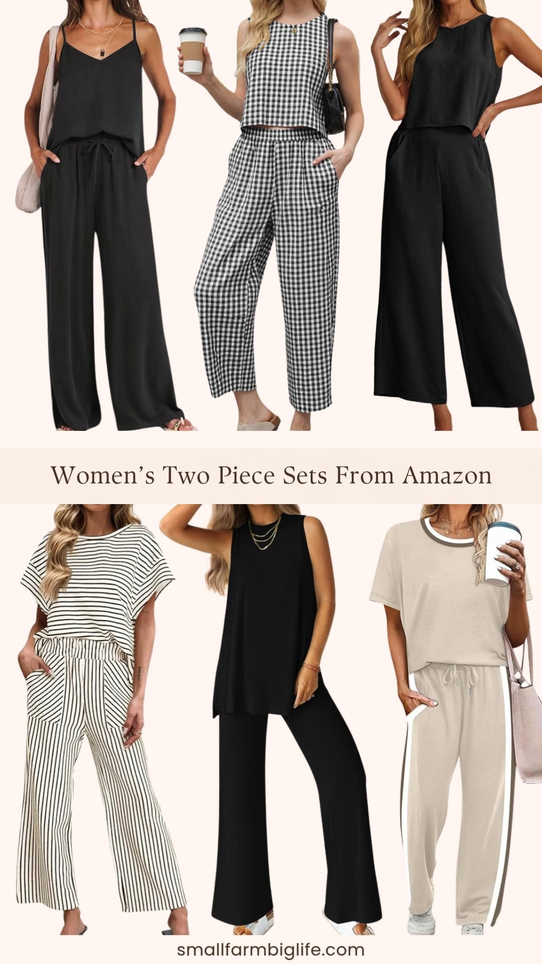 Black and neutral two piece sets from Amazon and I cannot stop adding them to my cart 🖤 This round up is all about that easy, elevated look. From a sleek black sleeveless top and wide leg pants lounge set, a black gingham matching set with a cropped sleeveless top and wide leg pants, a beige short sleeve top and wide leg pants set with pockets, a black round neck tank crop top and wide leg pants set, a cream and black striped short sleeve tee and wide leg pants matching set, and a black tank and wide leg pants travel and vacation set. Wide leg pants sets are having such a moment right now and these Amazon finds are so comfortable, so versatile, and priced so well. Dress them up or keep them casual! Either way you are going to reach for these all spring and summer long. Everything is linked! 🛒🖤 

 #LTKgrwm #LTKootd #LTKOver40
