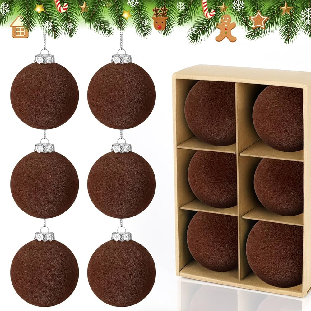 6 PCS Coffee Velvet Christmas Balls Ornaments Christmas Tree Decorations 3.15 Inch Flocked Christ... | Amazon (US)