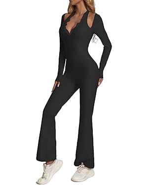 One Piece Wide Leg Jumpsuits For Women Workout Long Sleeve Jumpsuit Flare Yoga Romper V-Neck Sexy... | Amazon (US)