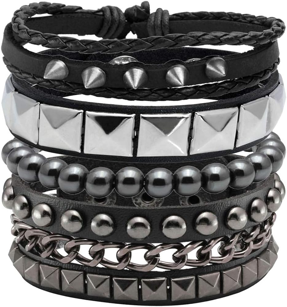 Eigso 4 Pcs Punk Leather Rock Studded Bracelets for Men Women Retro Classic Spiked Metal Cuff Bra... | Amazon (US)