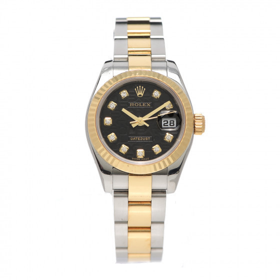 ROLEX Stainless Steel 18K Yellow Gold Diamond 26mm Oyster Perpetual Datejust Watch Black 179173 | Fashionphile