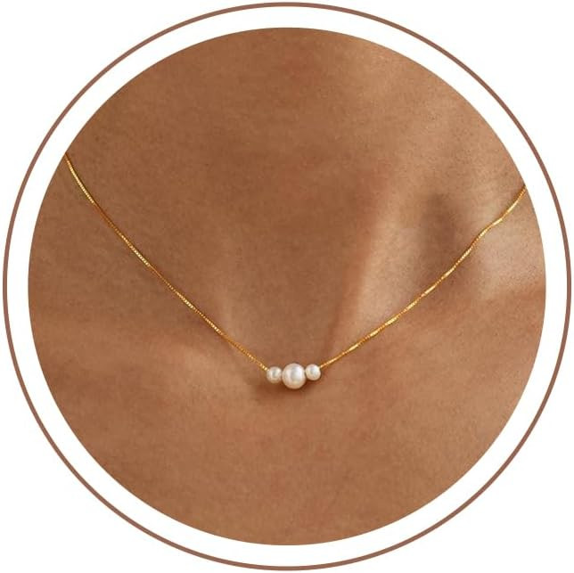 Gold Pearl Necklaces for Women Trendy, 14K Gold Plated Dainty Necklace Simple Layered Pearl Neckl... | Amazon (US)
