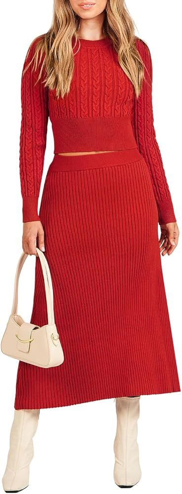 Women's Casual Two Piece Outfits Dress Long Sleeve Cable Sweater Top and Ribbed A-Line Maxi Skirt... | Amazon (US)