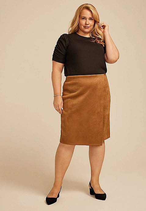 Plus Size Faux Suede Midi Wrap Skirt | Maurices
