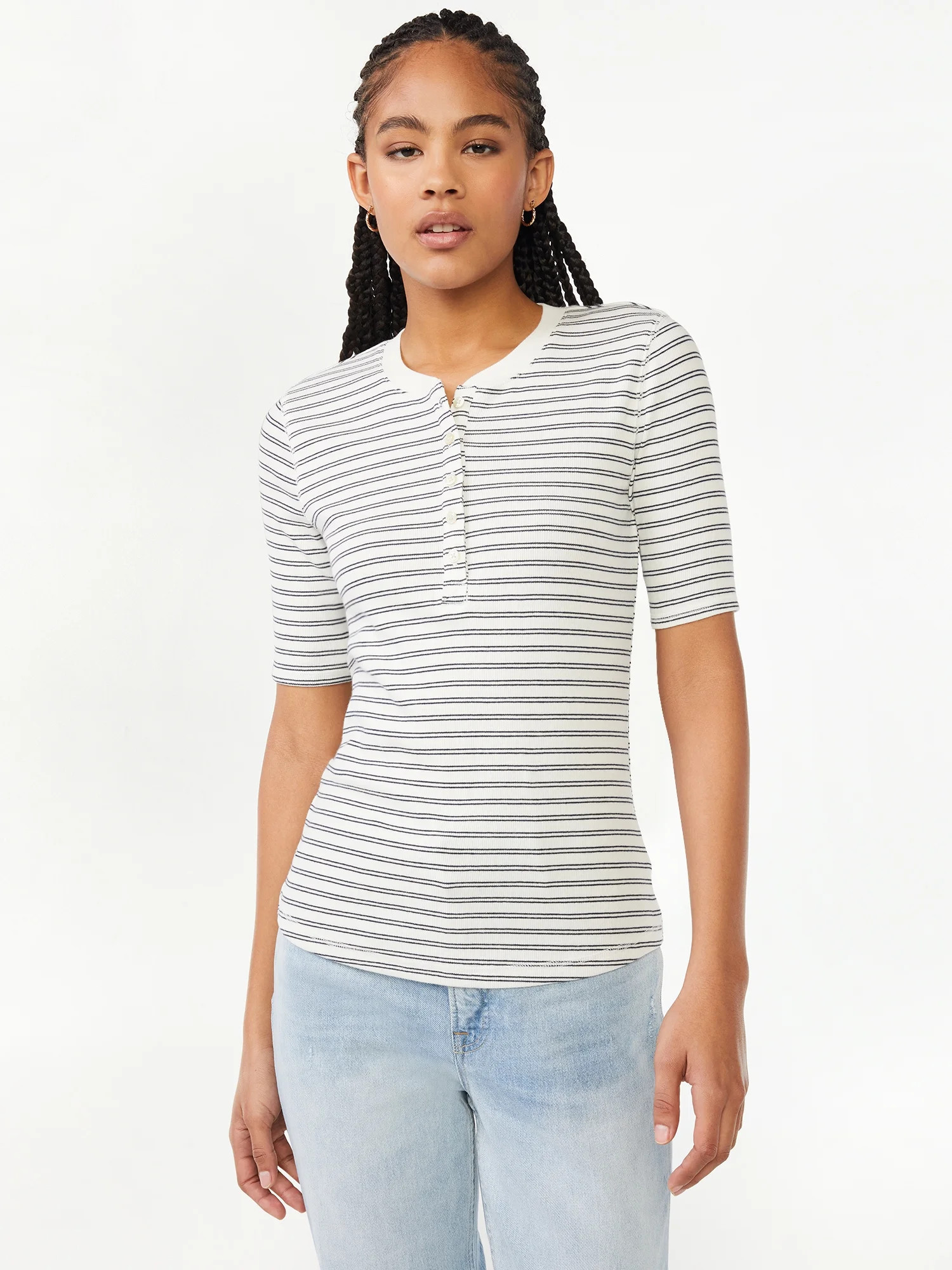 Free Assembly Women's Rib Henley Tee with Short Sleeves | Walmart (US)