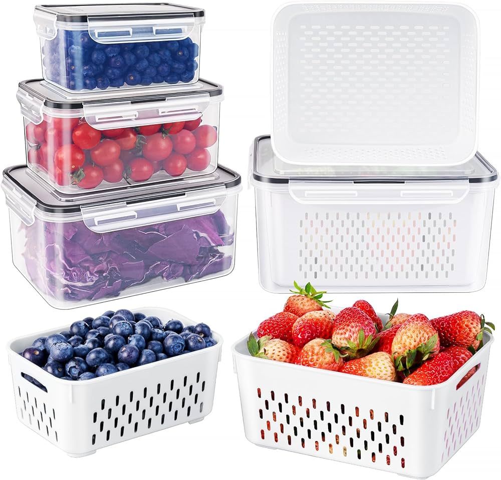 4 PCS Fruit Storage Containers for Fridge with Removable Colander, Airtight Food Storage Containe... | Amazon (US)