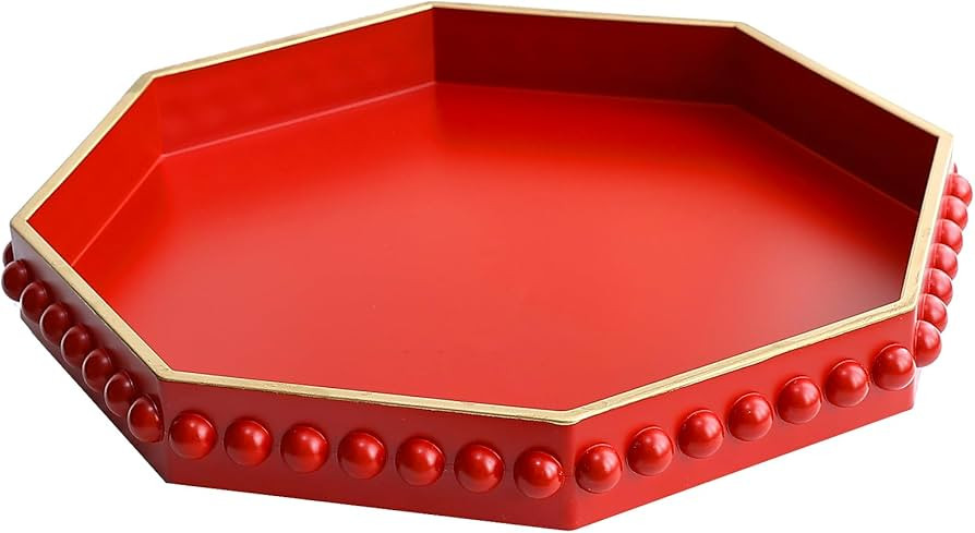 Red Serving Tray for Coffee Table, Octagonal Beaded Plastic Decorative Tray for Ottoman, Kitchen ... | Amazon (US)