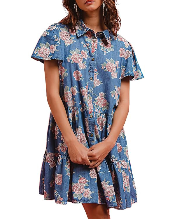 ebossy Women's Sweet Floral Denim Dress Button Up Ruffle Short Sleeve Flowy A Line Tiered Mini Sh... | Amazon (US)